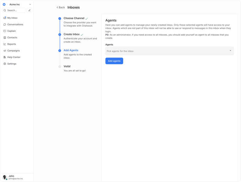 Добавьте агентов (сотрудников), которые будут работать с входящими сообщениями